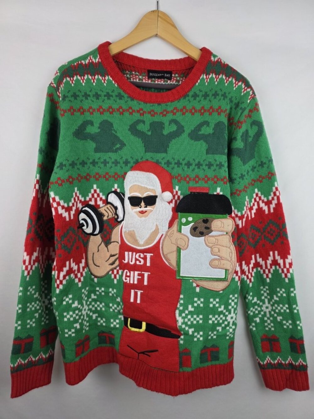 Blizzard Bay Ugly Christmas Sweater Size Large Just Gift It Weight Lifter Santa